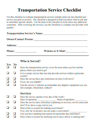 sample transportation service checklist template