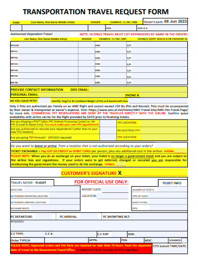 sample transportation travel request form template