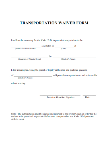 sample transportation waiver form template