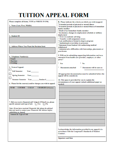sample tuition appeal form template
