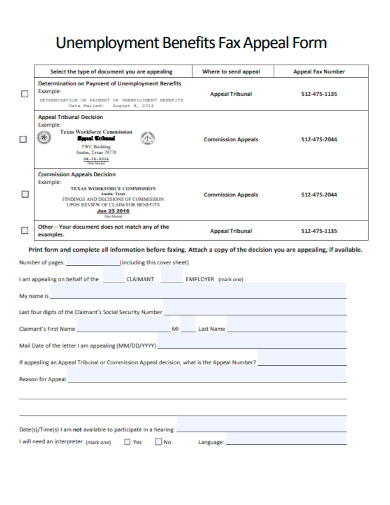 sample unemployment benefits fax appeal form template