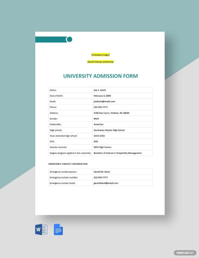 sample university admission form template