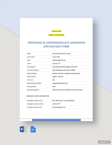sample university application form template