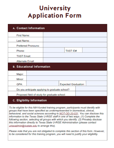 sample university application form templates