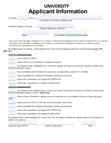 sample university application information template