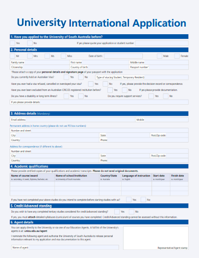 sample university international application template