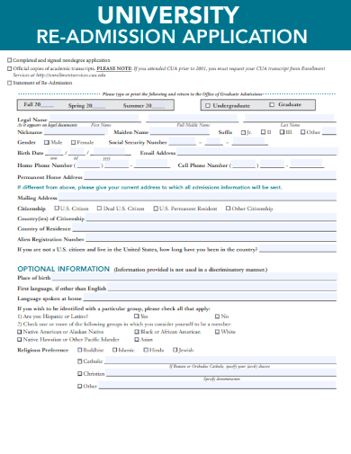 sample university re admission application template