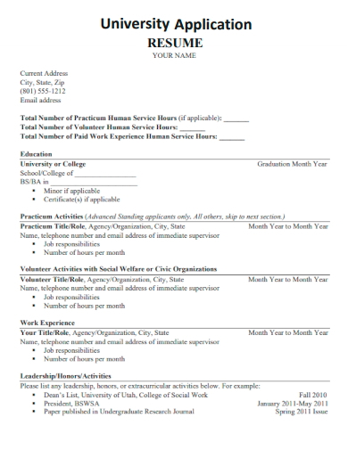 sample university resume application template