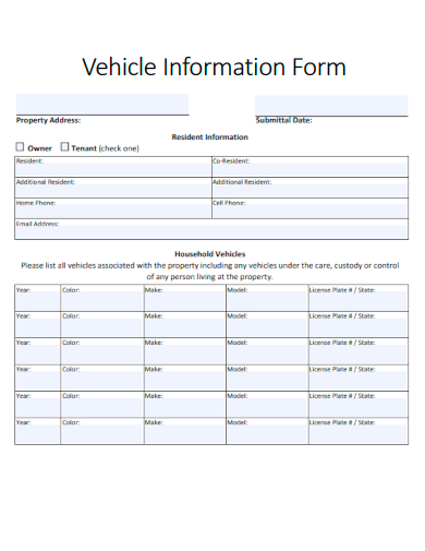 sample vehicle information form template