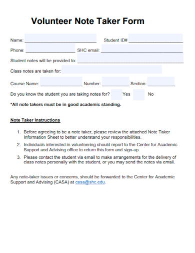 sample volunteer note taker form template