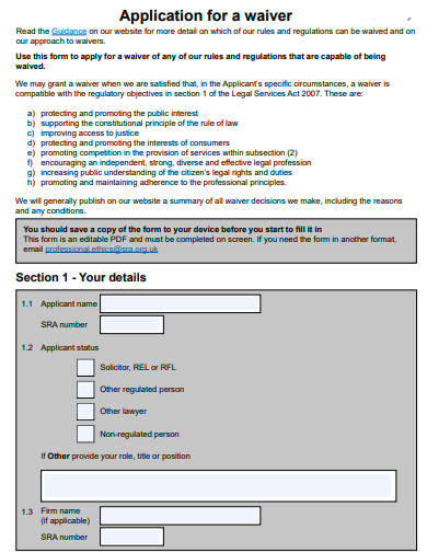 sample waiver application template