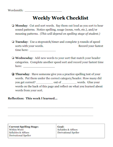 sample weekly work checklist template