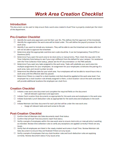sample work area creation checklist template