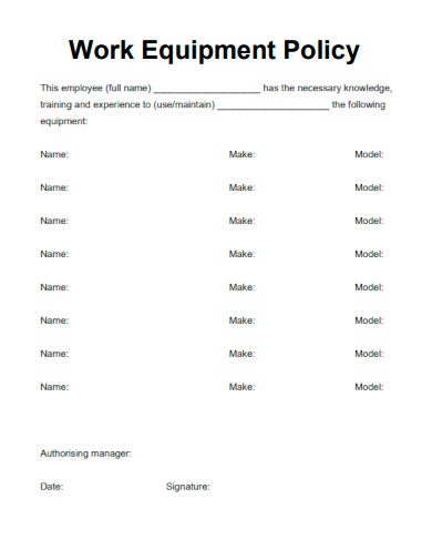 sample work equipment policy template