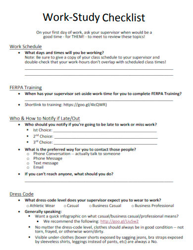sample work study checklist template