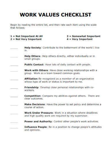 sample work values checklist template