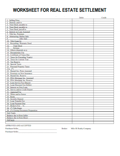 sample worksheet for real estate settlement template