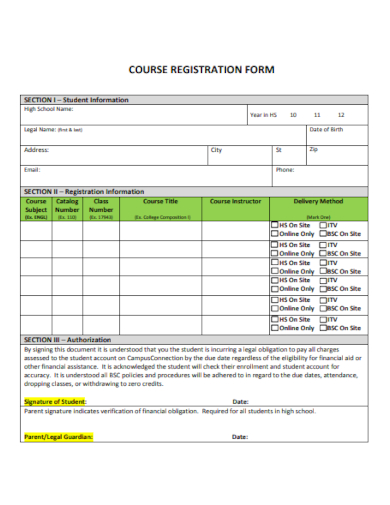 school course registration form