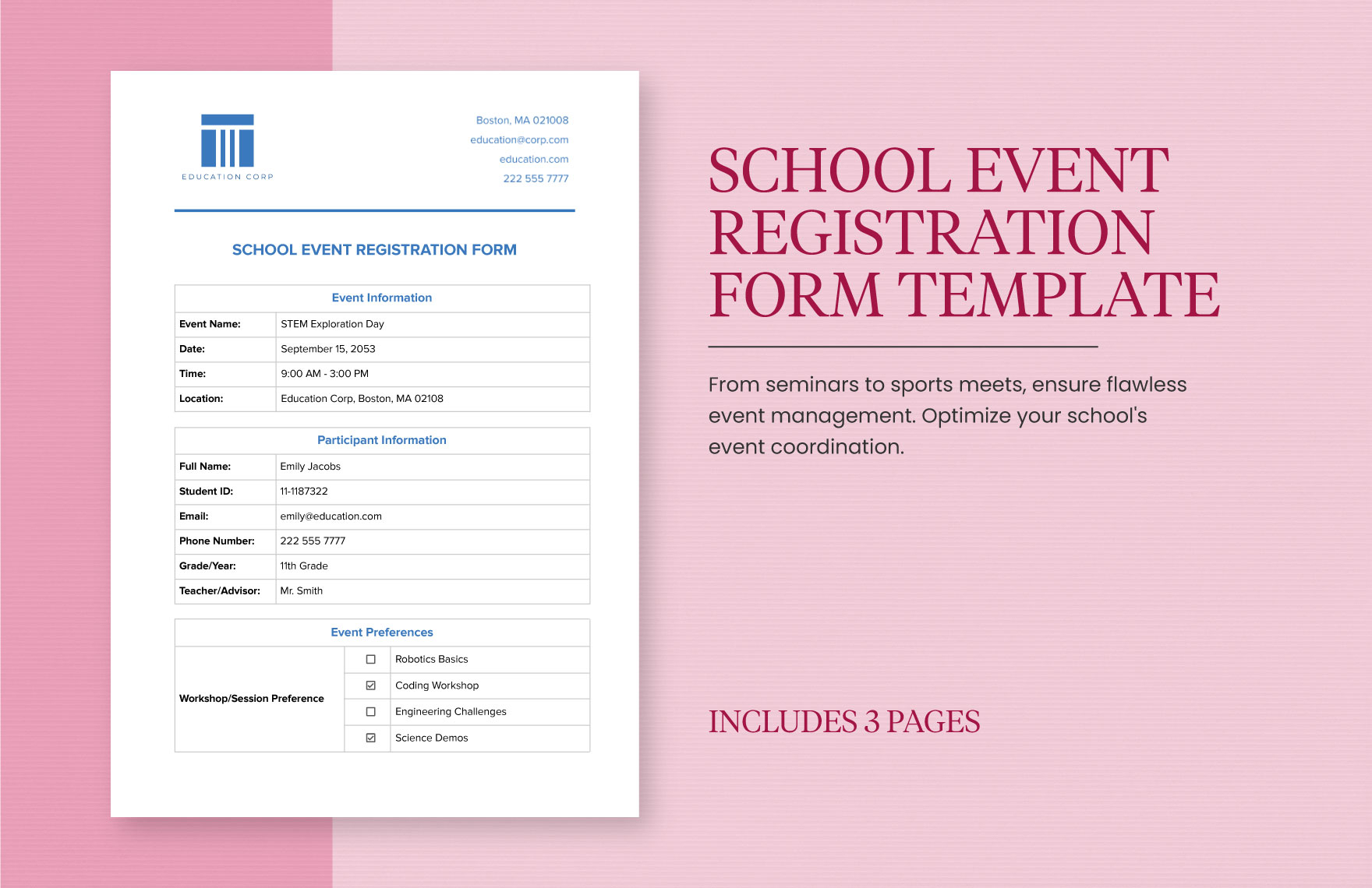 school event registration form