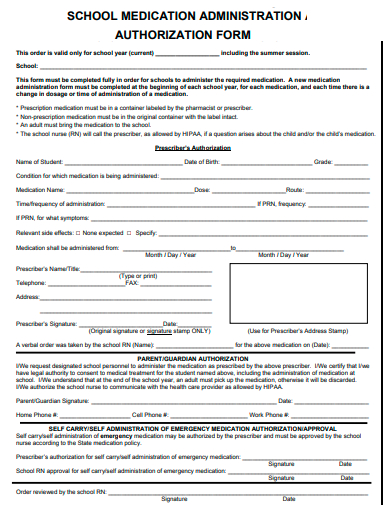 school medication administration authorization form template