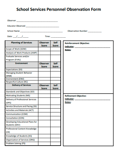 school services personnel observation form template