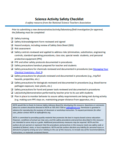 science activity safety checklist template