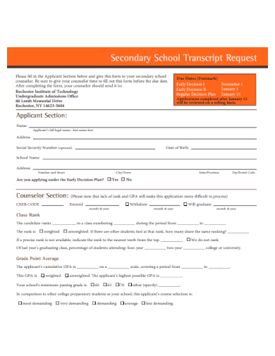 secondary school transcript form
