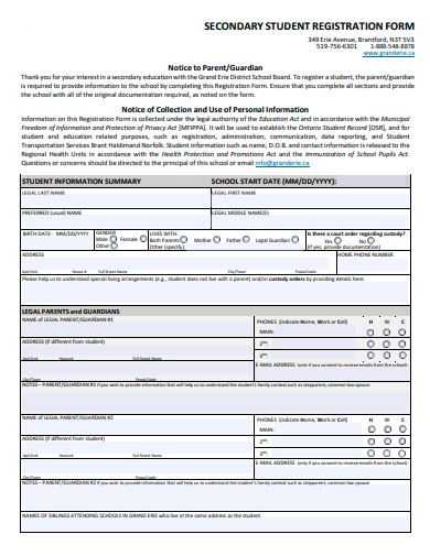 secondary student registration form template