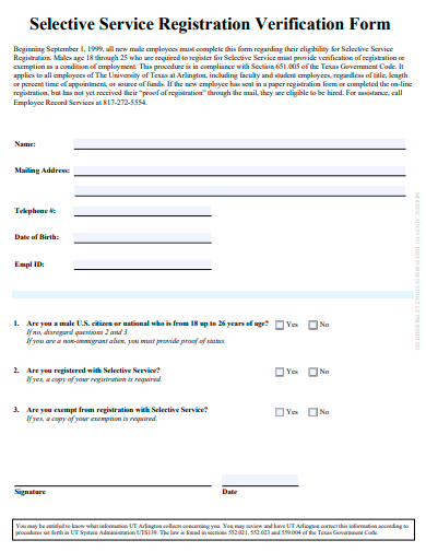 selective service registration verification form template