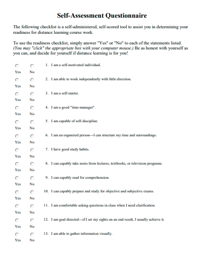 self assessment questionnaire template