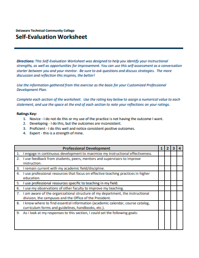 self evaluation worksheet template