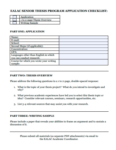 senior thesis program application checklist template