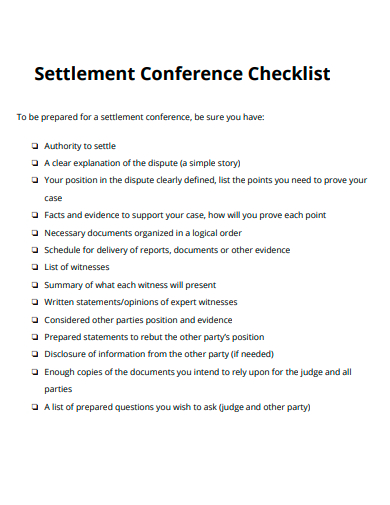 settlement conference checklist template