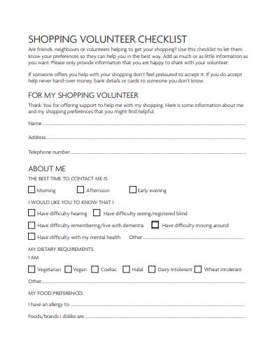 shopping volunteer checklist template