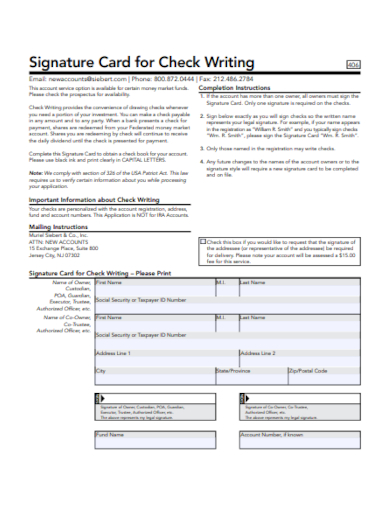 signature card for check writing