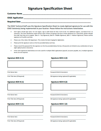 signature specification sheet template