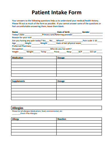 simple patient intake form template