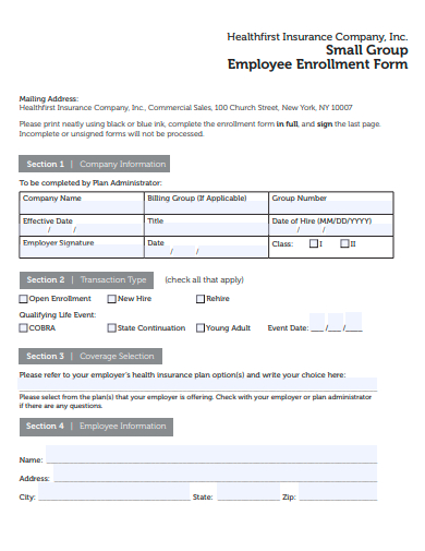small group employee enrollment form template