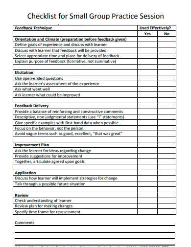 small group practice session checklist template