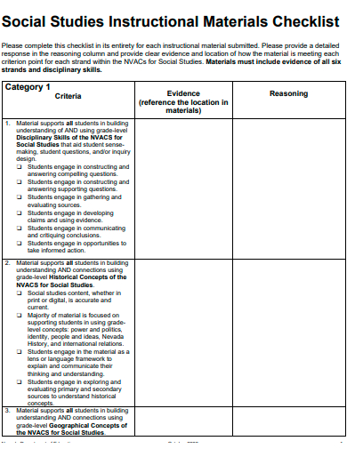 social studies instructional materials checklist template