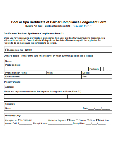 spa certificate of barrier compliance lodgement form template