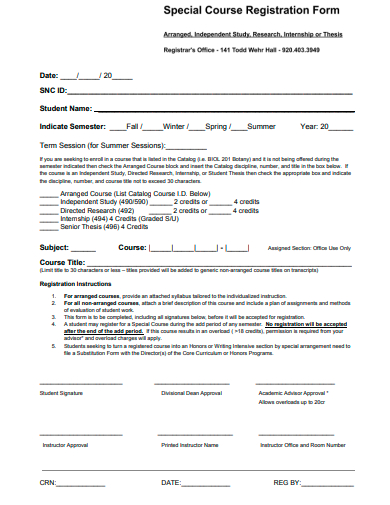 special course registration form template