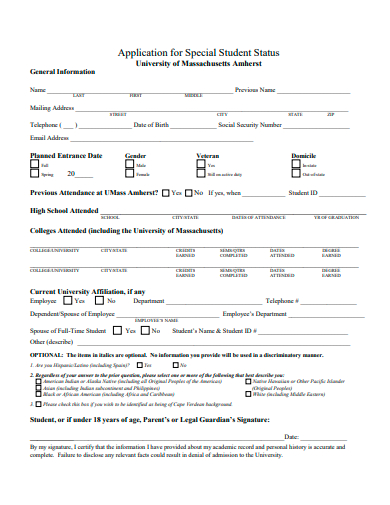 special student status application template
