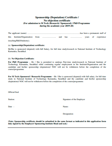 sponsorship deputation certificate template