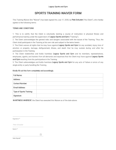 sports training waiver form template