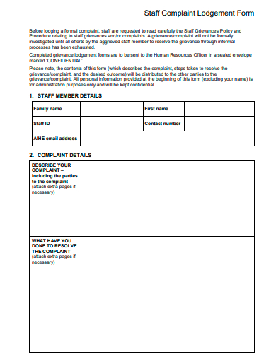 staff complaint lodgement form template