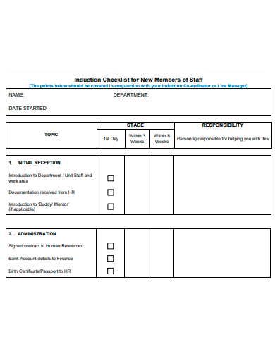 staff induction checklist template