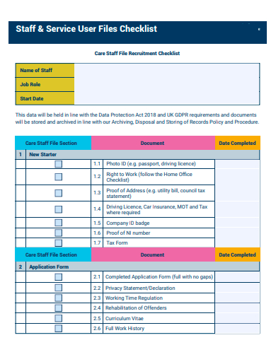 staff and service user files checklist template