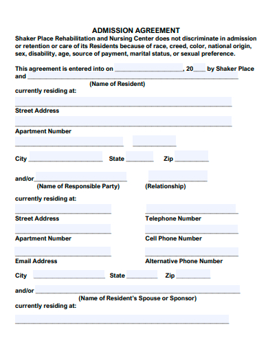 standard admission agreement template
