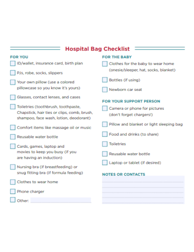 standard hospital bag checklist